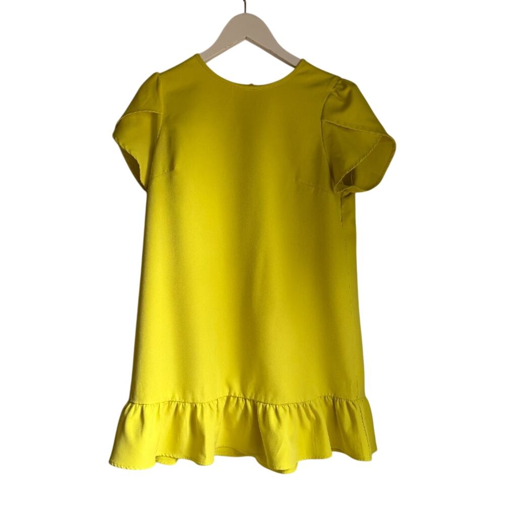 Girls Neon Yellow Puff Sleeve Dress Size L Ruffle Hem Shift Barbiecore Mod